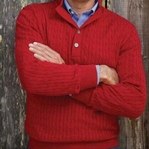 Cremieux cable knit Button Mock Neck 100% Red Cashmere Sweater